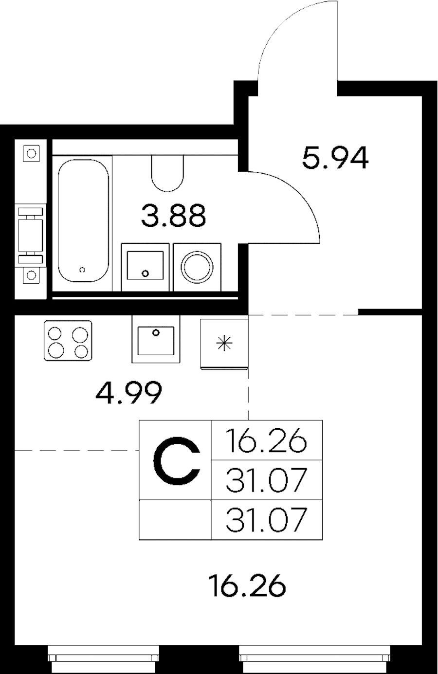 Квартира студия 31.07 м², 6/6 эт., ЖК «Glorax City Василеостровский»